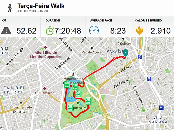 Walk | Ibirapuera, São Paulo | 09.07.2013 | 52.62km | 07:20:48 | 08:23 min/km (18 laps)